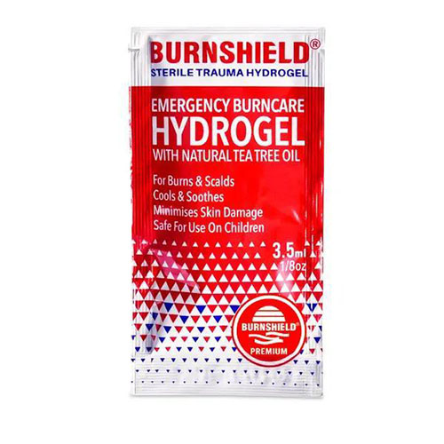 Burnshield hydrogel zur Notfallversorgung bei Verbrennungen aufgelegt werden kann, hier in einer rot-weißen Verpackung auf weißem Hintergrund zu sehen .jpg